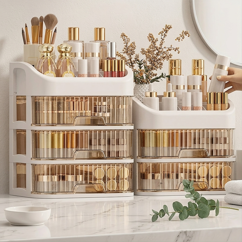 Clear acrylic makeup organizer on a white marble bathroom vanity with skincare bottles arranged inside
