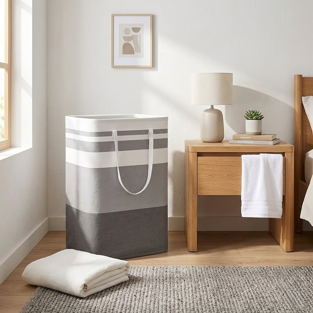 Gray and white striped laundry basket in a bedroom with wooden nightstand and folded white towels.