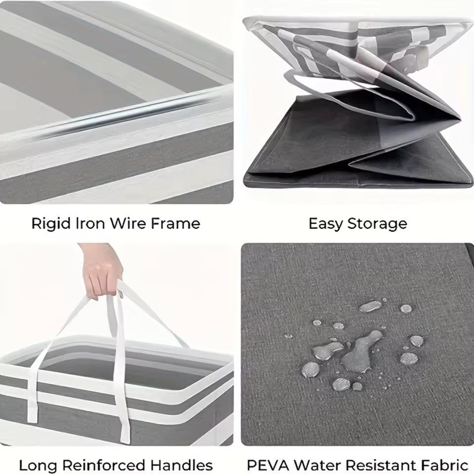 Collage of a gray and white folding chair with features highlighted.