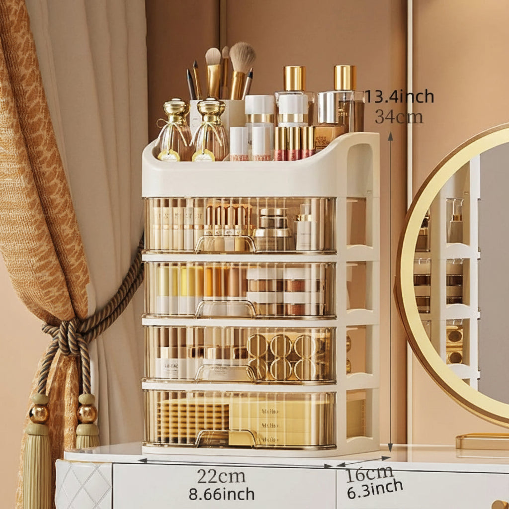 Cosmetic organizer with various items on a neutral background