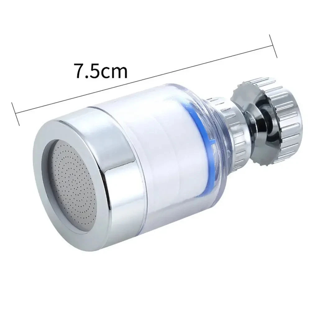 Chrome kitchen faucet with water filter attachment and measurement label on a white background