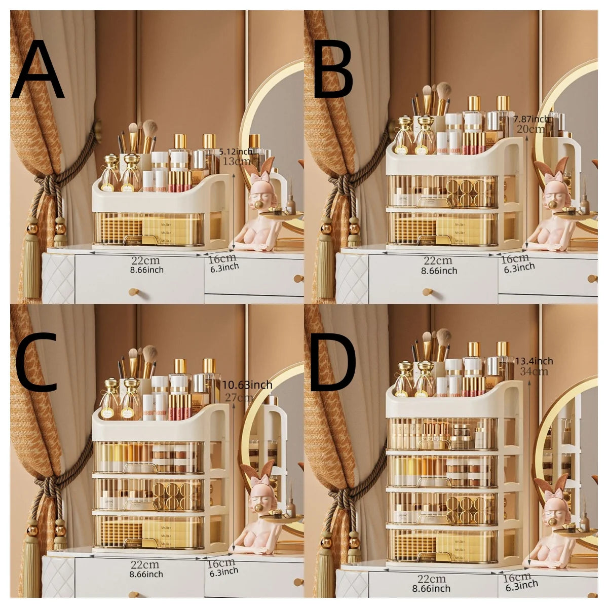 Cosmetic organizer with measurements on a vanity setup