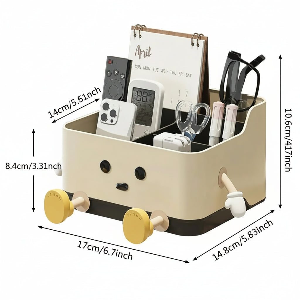 Multifunctional desk organizer with various items and dimensions displayed