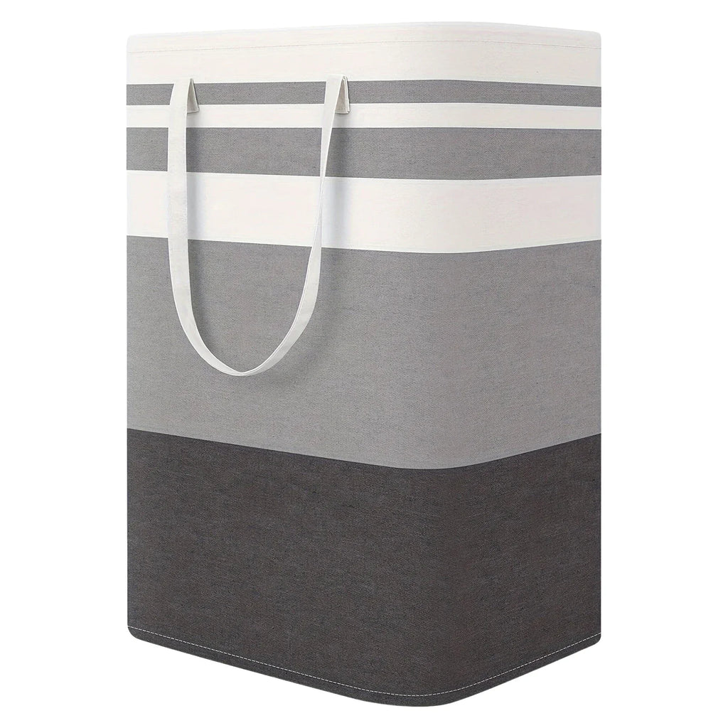 Gray and white striped laundry basket with handles on a white background