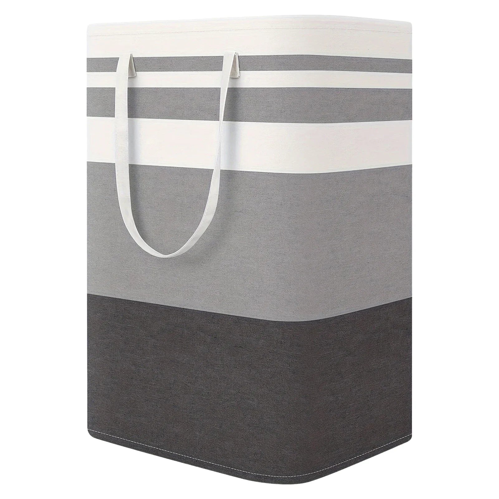 Gray and white striped laundry basket with handles on a white background
