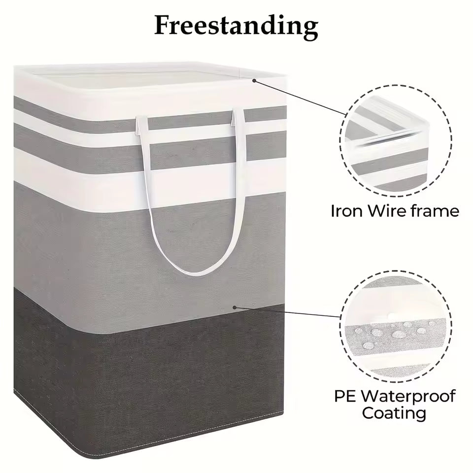 Gray storage bin with white handles, iron wire frame, and PE waterproof coating, labeled 'Freestanding'.