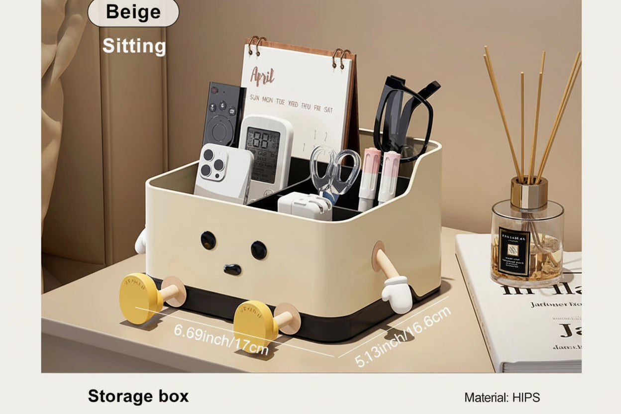Beige Desktop Organizer with cartoon face design on a desk, showing measurements and product details.