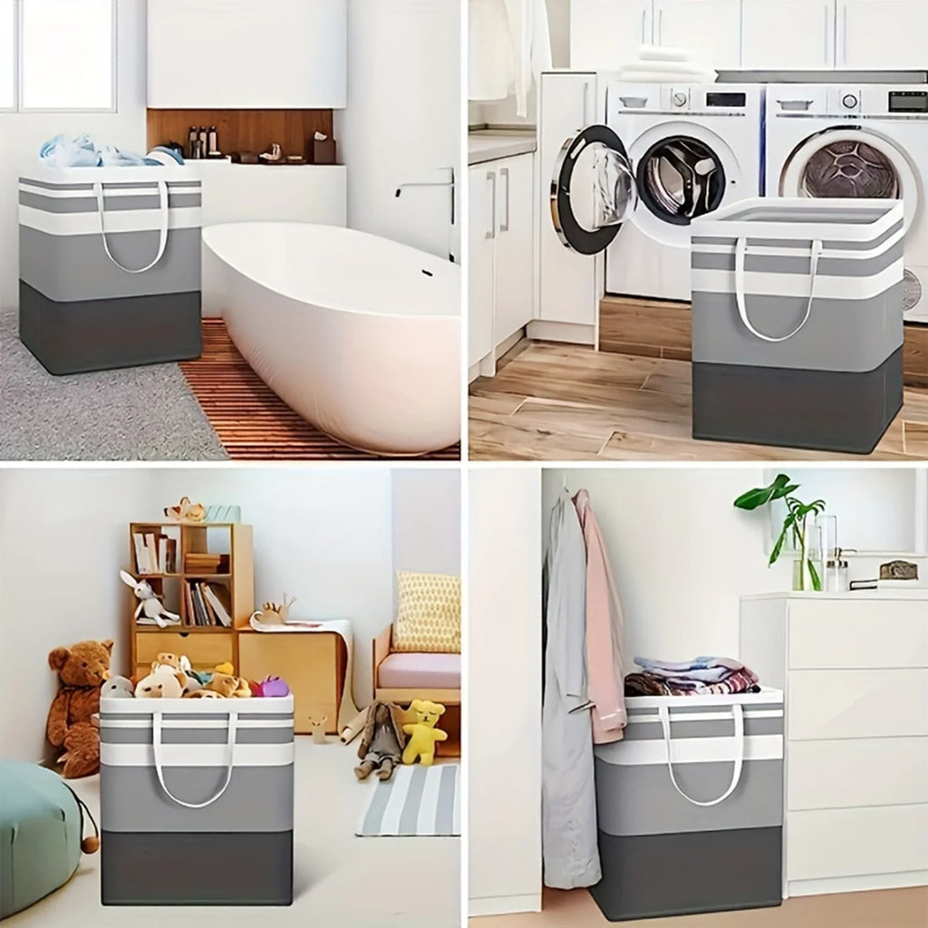 Collage of a gray and white storage bin used in various settings including a bathroom, laundry room, and living room.