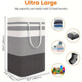 Gray laundry basket with measurements and capacity details on a white background