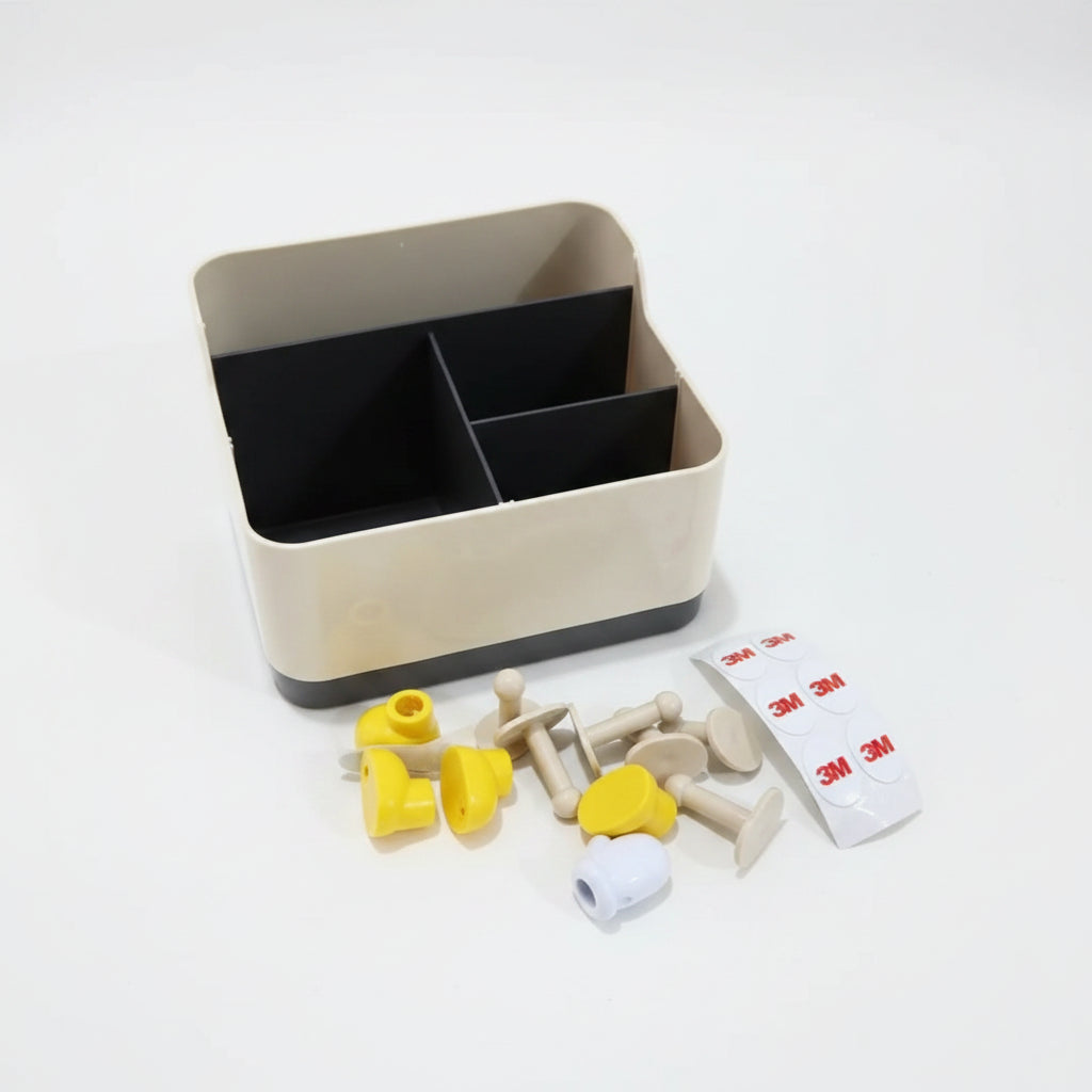 Beige Desktop Organizer with black and yellow components on a white background
