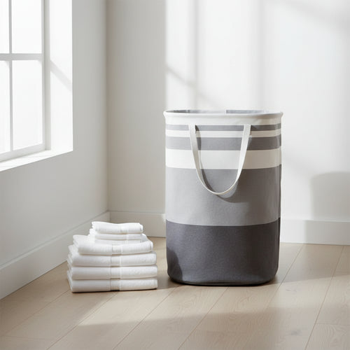 Gray laundry basket with measurements and capacity details on a white background