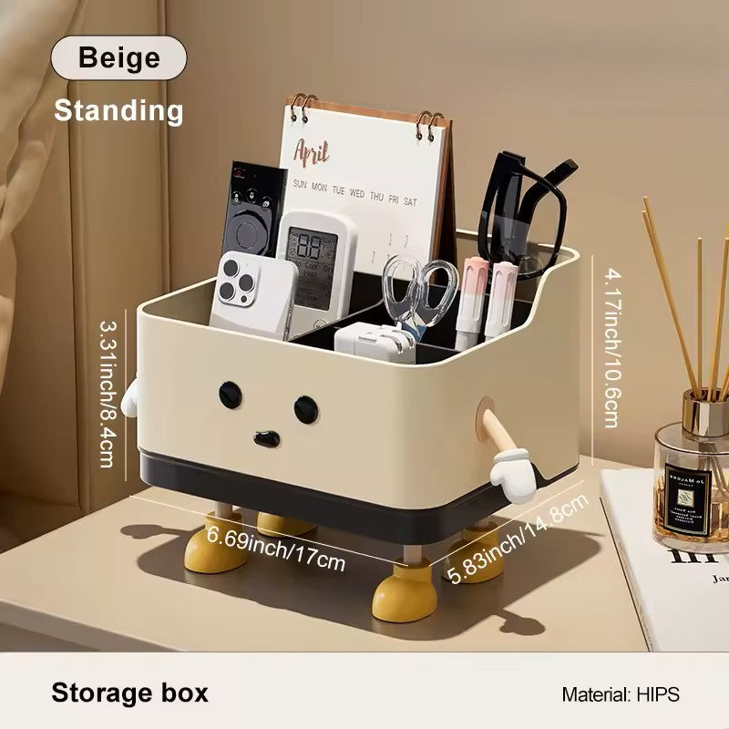 Beige standing Desktop Organizer with measurements and product details on a neutral background