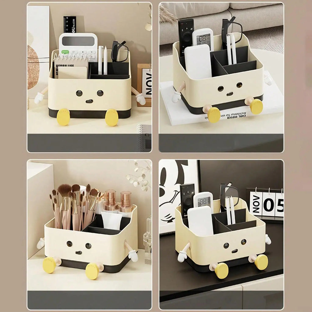 Multifunctional desk organizer with various compartments on a neutral background