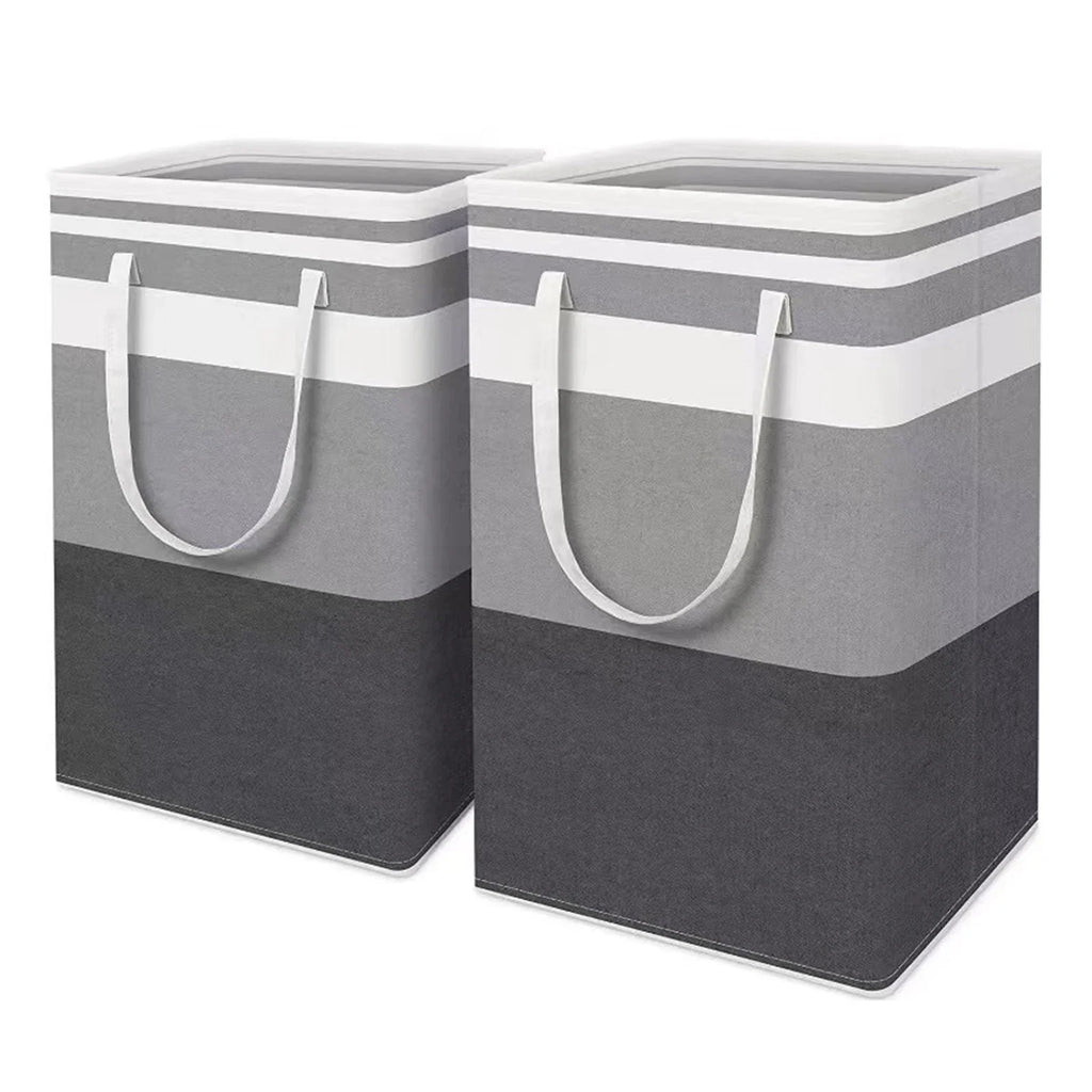 Two gray and white striped storage bins with handles on a white background