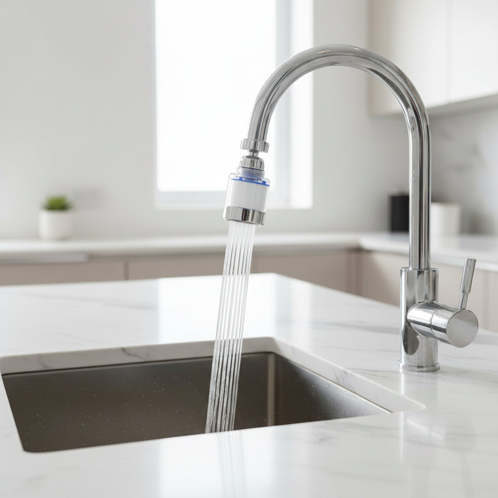 360-degree rotating faucet filter with water flowing