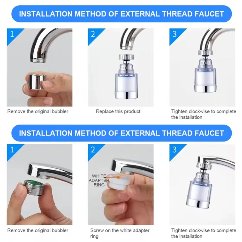 Step-by-step installation guide for an external thread faucet with images and text.