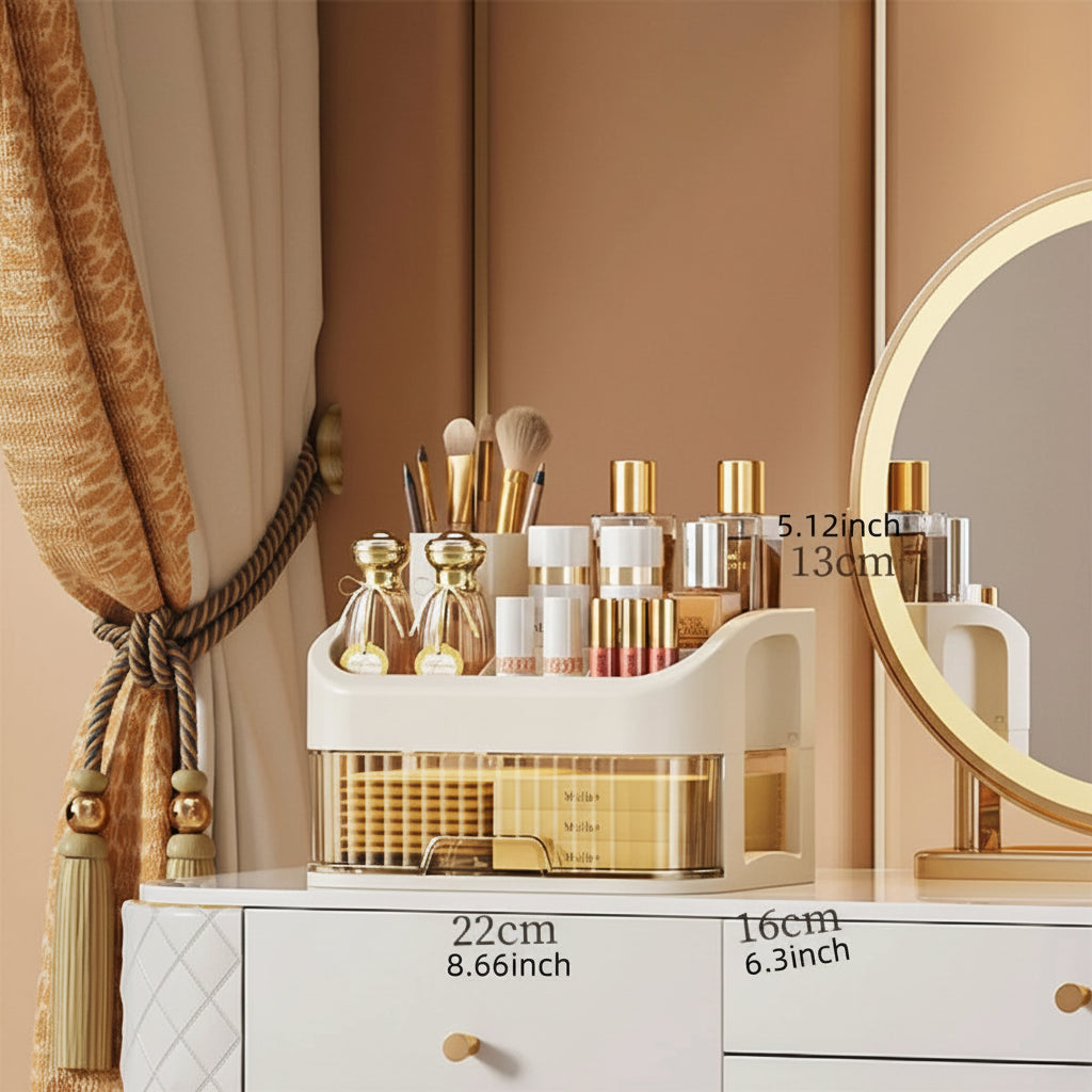 Organizer on a wooden dresser with makeup products visible through transparent shelves

