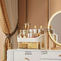 Organizer on a wooden dresser with makeup products visible through transparent shelves
