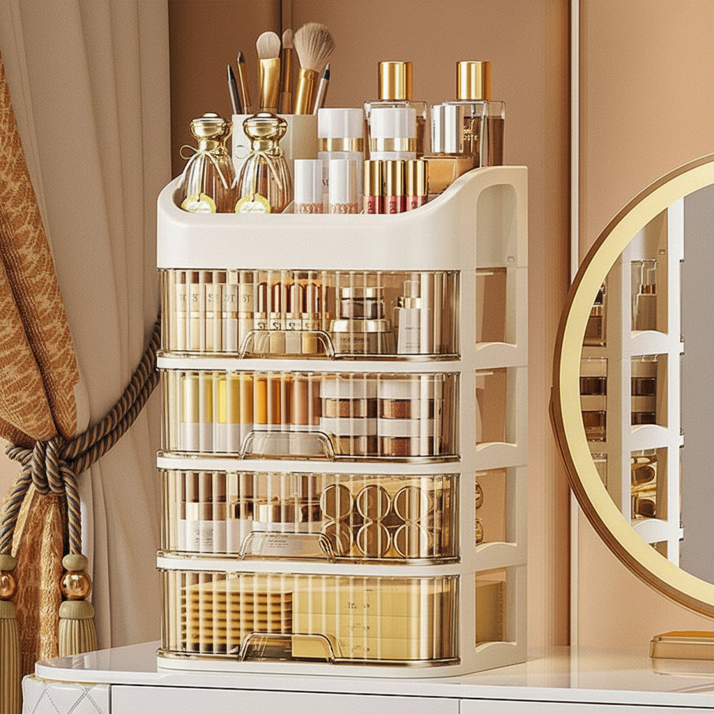 Cosmetic organizer with various skincare products on a vanity table.