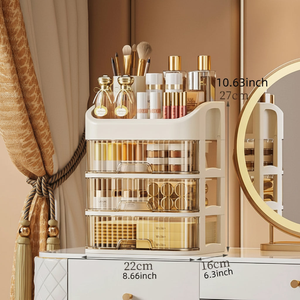 Organizer on a wooden dresser with makeup products visible through transparent shelves

