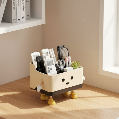 Desk organizer with stationery items on a wooden floor next to a window.