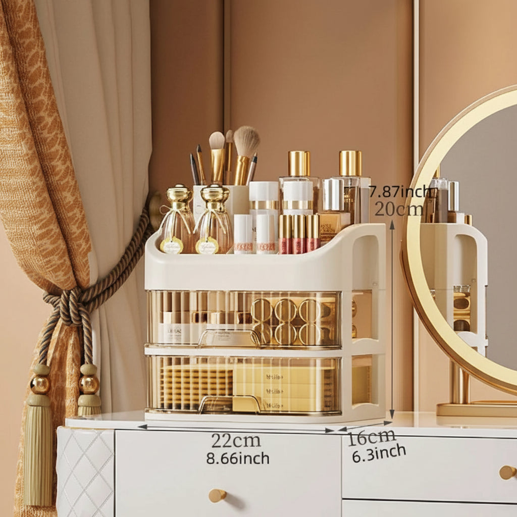 Makeup organizer with cosmetic items on a vanity table, showing measurements.