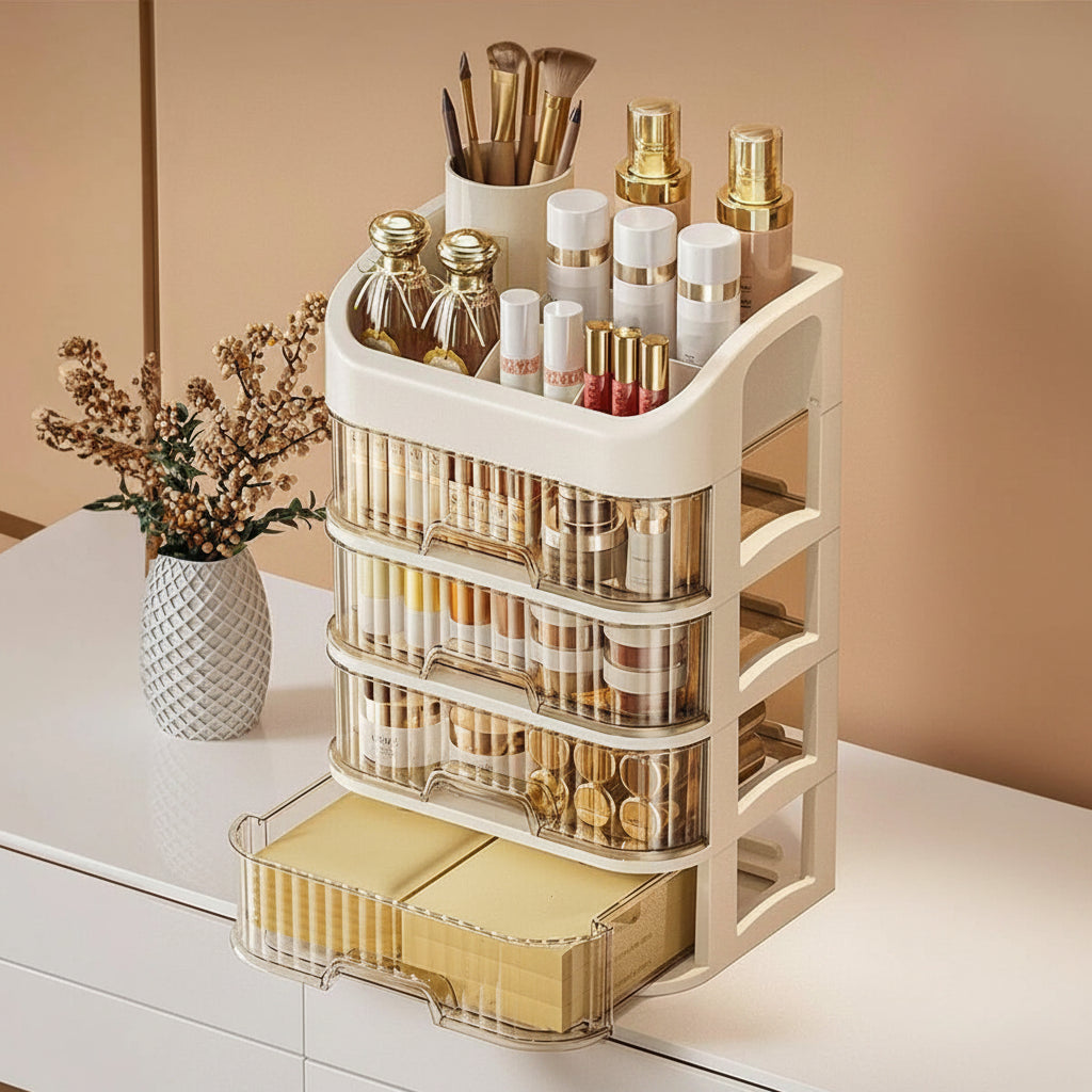 Top-down view of multi-layer organizer showing separate compartments for lipsticks, brushes, and lotions
