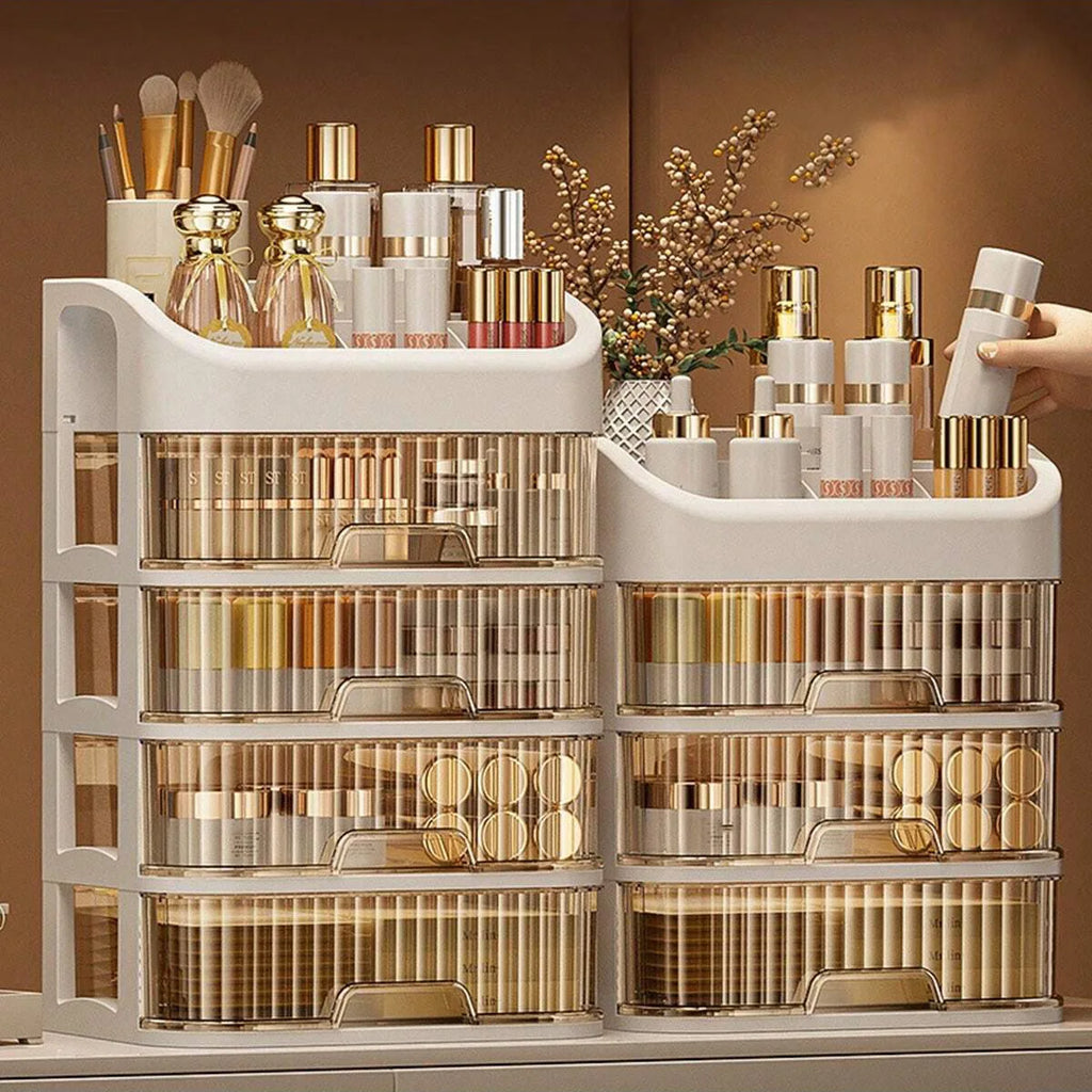 Cosmetic organizer with various skincare products on a brown background