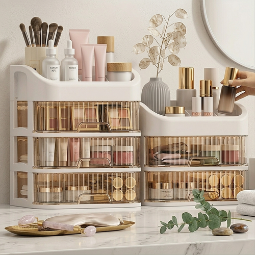 Cosmetic organizer with various skincare and makeup products on a marble surface.